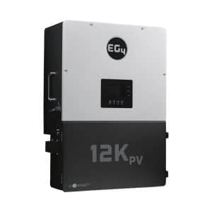 EG4 12KPV solar inverter in black and white, designed for photovoltaic energy systems, displaying a digital screen and control buttons on the front panel.