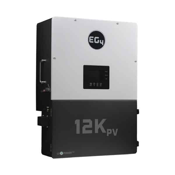 EG4 12KPV solar inverter in black and white, designed for photovoltaic energy systems, displaying a digital screen and control buttons on the front panel.