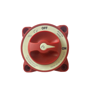 Red rotary switch labeled with 'ON' and 'OFF' positions, used for electrical circuit control, featuring a circular design with four mounting points.
