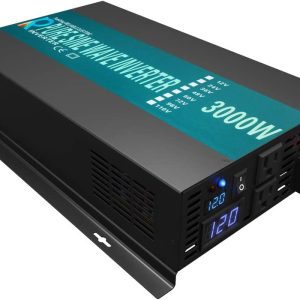 3000W pure sine wave inverter with black casing, digital display, and multiple 120V power outlets for converting DC to AC power efficiently.