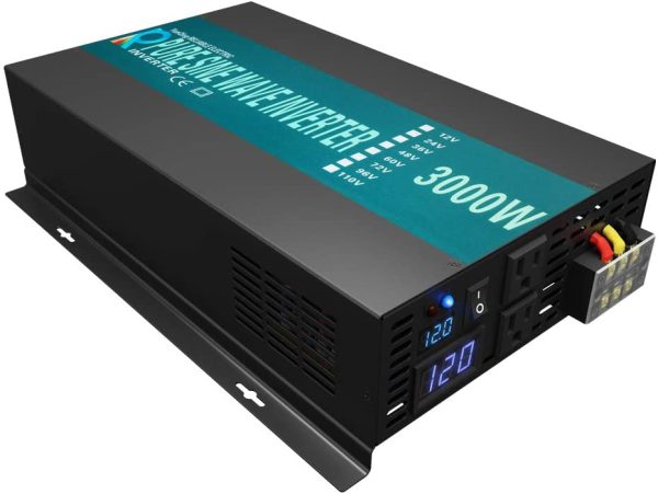 3000W pure sine wave inverter with black casing, digital display, and multiple 120V power outlets for converting DC to AC power efficiently.