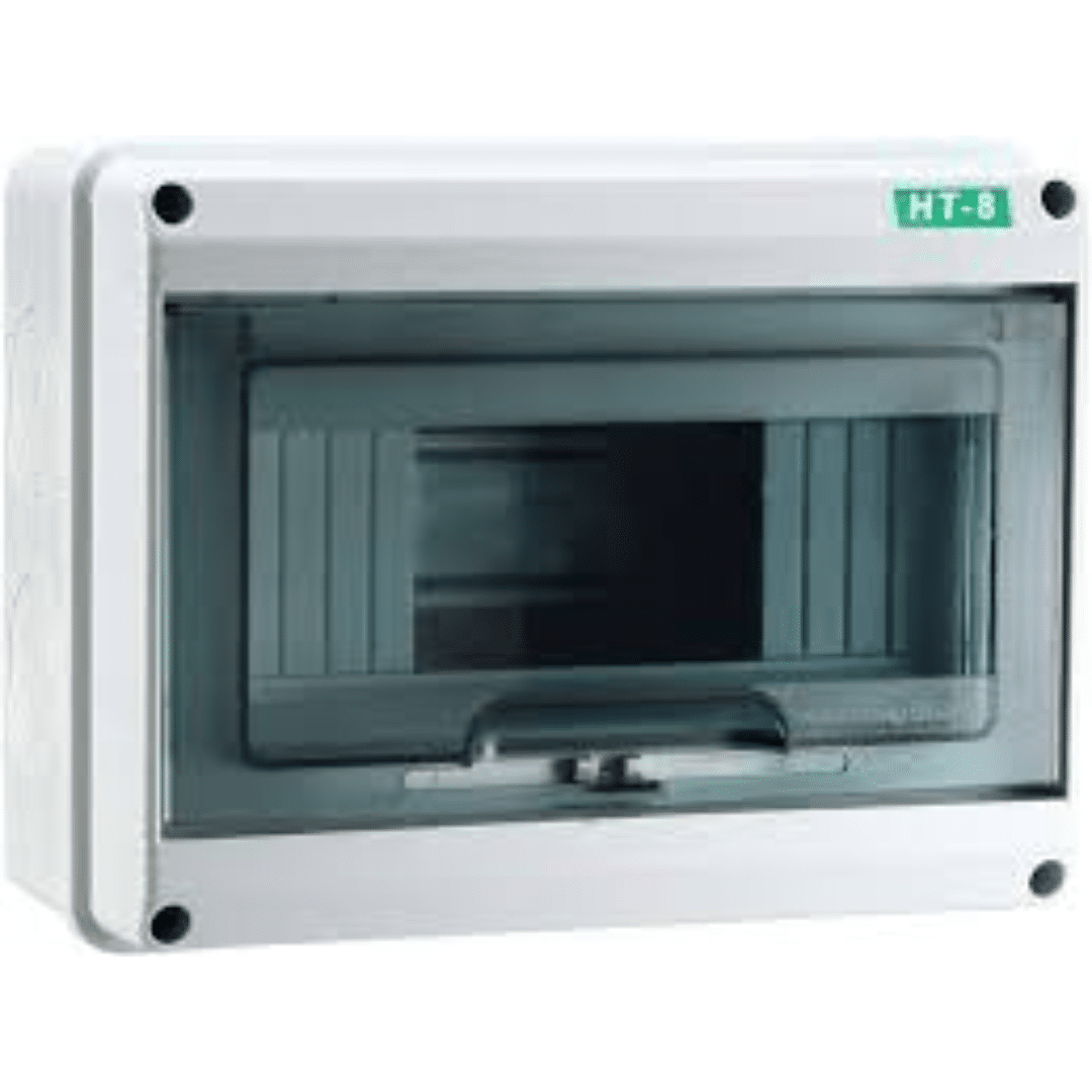 HT-8 electrical enclosure box with a transparent front cover and a white frame, designed for housing circuit breakers or electrical components.
