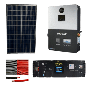 EG4 6000XP 5kW solar kit with solar panel, EG4-LL S 10.24kW battery, inverter, and power cables for efficient solar energy storage and conversion.