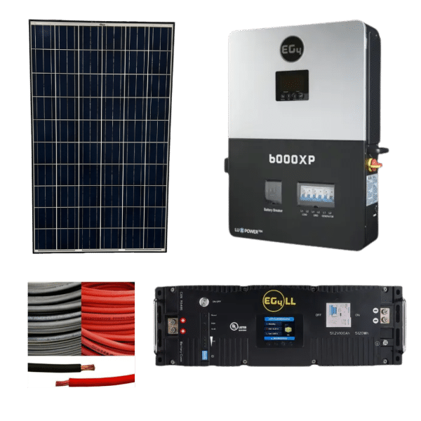 EG4 6000XP 5kW solar kit with solar panel, EG4-LL S 10.24kW battery, inverter, and power cables for efficient solar energy storage and conversion.