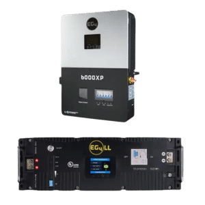 EG4 6000XP inverter and EG4-LL S 10.24kW battery kit, showcasing a black and silver inverter unit and a black battery unit with display screens.