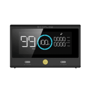 EcoFlow DELTA Pro remote control unit with a digital display screen, control buttons, and a coiled connection cable, shown on a white background.