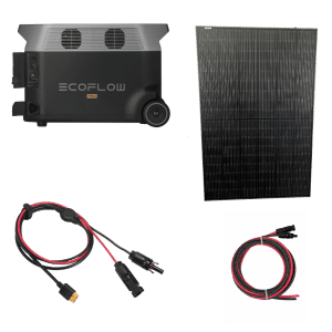EcoFlow Delta Pro 3600Wh power station with 1.2kW solar panel kit, including black solar panel, power cables, and connectors for solar energy storage.