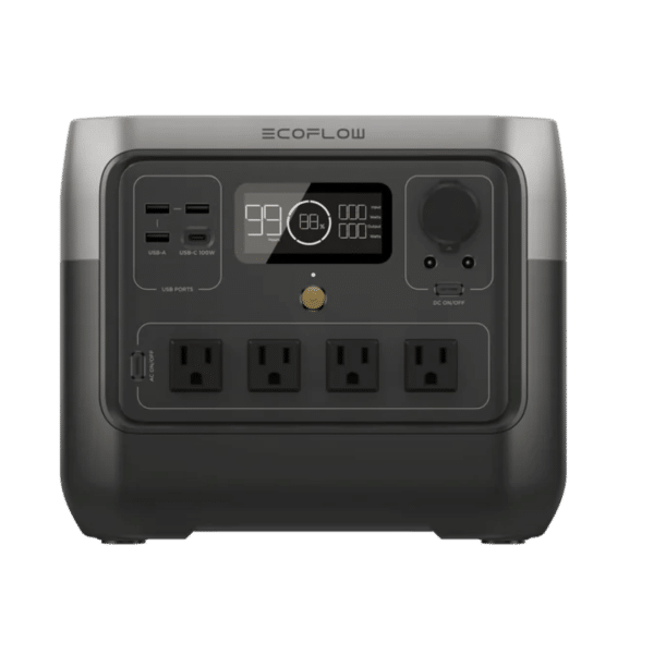 EcoFlow RIVER 2 portable power station with compact design, integrated handle, and front-facing display and ports, set against a white background.
