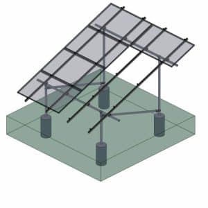 Illustration of a ground-mount solar panel system with a 4x2 configuration, supported by metal frames and concrete foundation pillars.