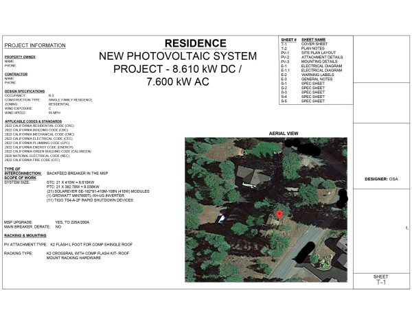 Sample solar permit plan set showing technical drawings and layout schematics for a residential solar panel installation.