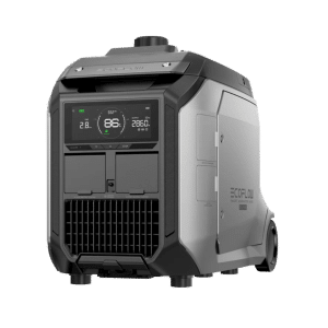 EcoFlow Smart Generator 4000 Dual Fuel unit featuring control panel, fuel tank, and sturdy frame, displayed against a white background.