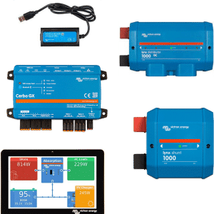 Victron Connection Kit with Cerbo GX and GX Touch 50 LCD display, showing electronic components and wiring accessories arranged on a white background