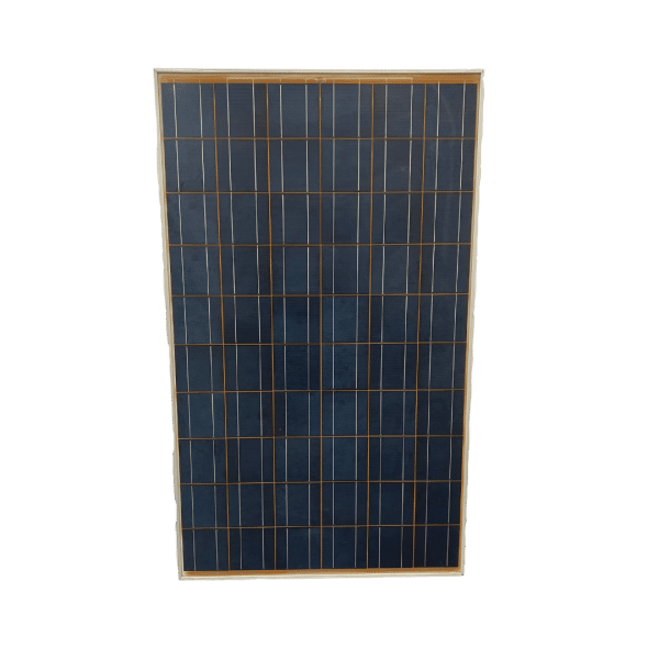 Front view of a Yingli 230W Yellow YL230P-28b solar panel featuring blue photovoltaic cells in a rectangular grid, framed with a silver border.